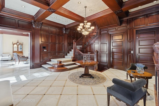 915 N Dearborn St, Chicago, IL 60610 - interior space with a chandelier, coffered ceiling, crown molding, and stairs