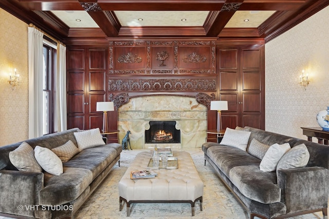 915 N Dearborn St, Chicago, IL 60610 - living room featuring coffered ceiling, wallpapered walls, and beamed ceiling