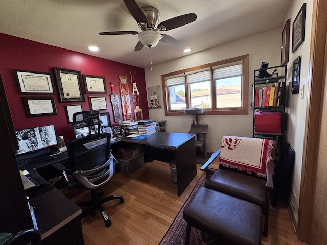 office area featuring ceiling fan and hardwood / wood-style floors