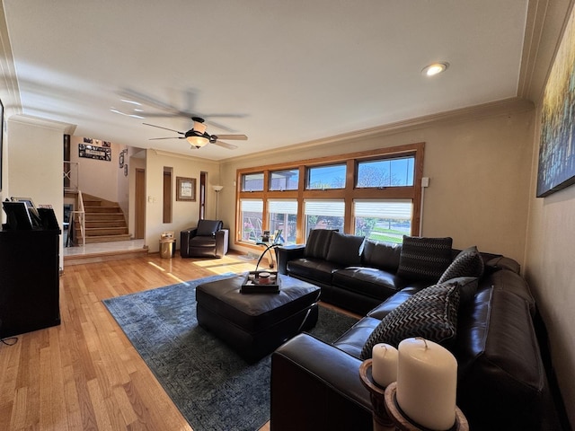 living room featuring light hardwood / wood-style floors, crown molding, and ceiling fan