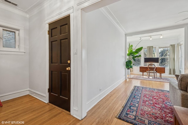 entryway with crown molding and wood-type flooring