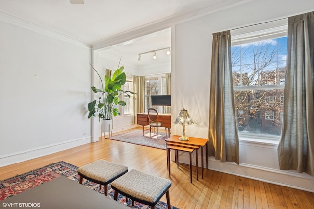 living area with ornamental molding and hardwood / wood-style floors