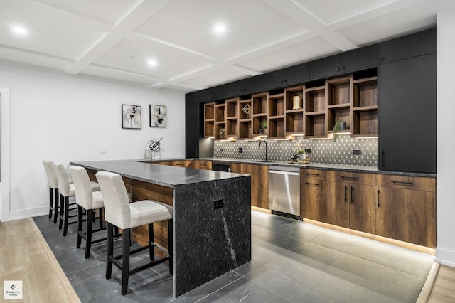 bar with beam ceiling, stainless steel dishwasher, coffered ceiling, and backsplash