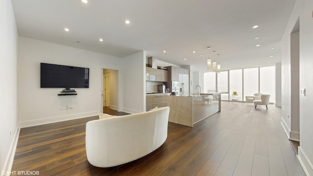 living room with dark wood-type flooring and a wall of windows