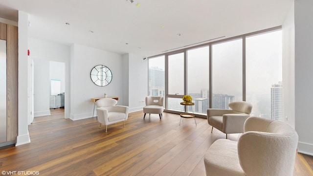 living area with expansive windows and hardwood / wood-style flooring