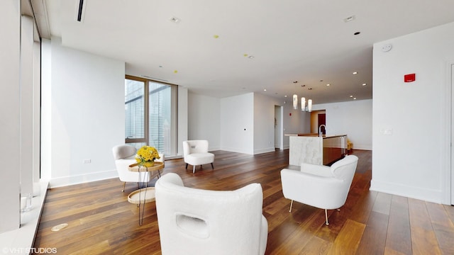 living room with dark wood-type flooring and expansive windows