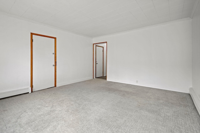 unfurnished room featuring a baseboard radiator, light colored carpet, and ornamental molding