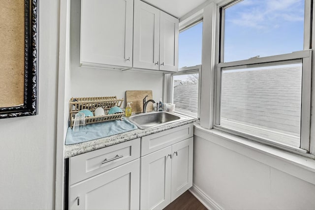 interior space featuring sink, white cabinets, and dark hardwood / wood-style floors