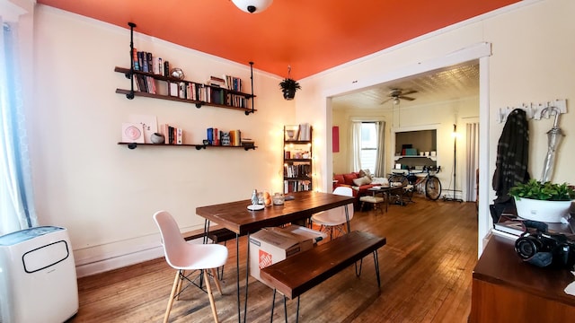 dining space with ceiling fan and wood-type flooring