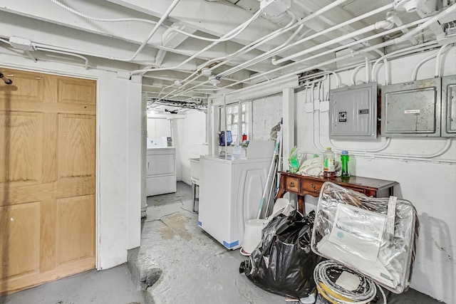 basement featuring separate washer and dryer and electric panel