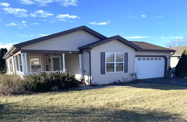 ranch-style house featuring a garage, a front lawn, and a porch