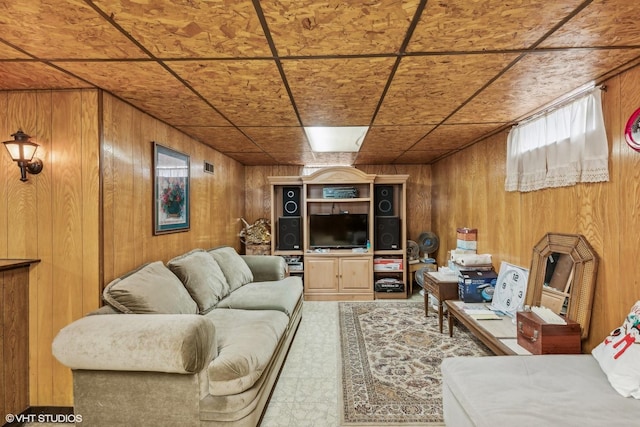 living room featuring wooden walls