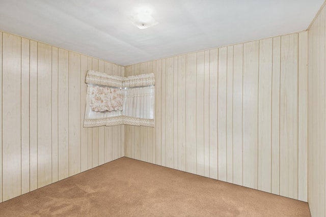 empty room with carpet and wooden walls