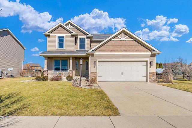 craftsman-style house with concrete driveway, covered porch, a garage, stone siding, and a front lawn