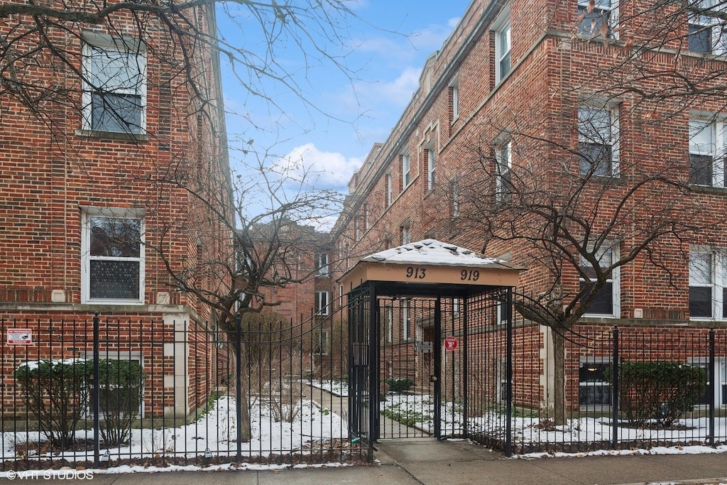 view of snow covered property