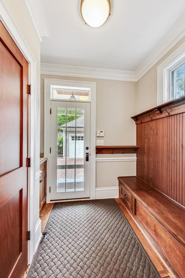 mudroom with ornamental molding