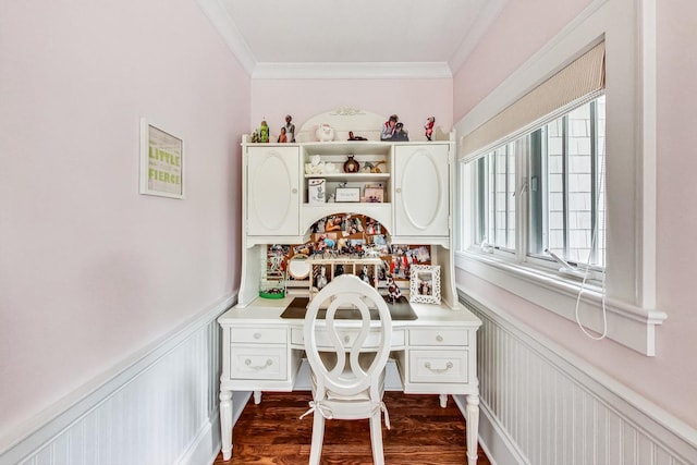 office space with dark hardwood / wood-style flooring and ornamental molding