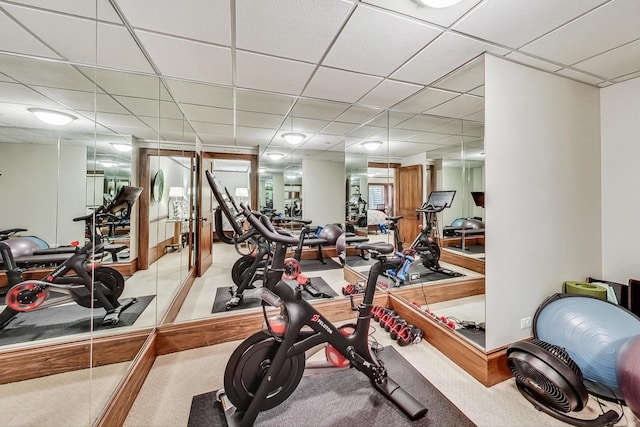 workout area featuring light colored carpet and a paneled ceiling