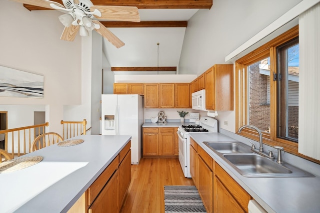 kitchen featuring sink, high vaulted ceiling, light wood-type flooring, beamed ceiling, and white appliances