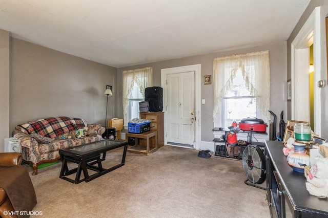 living room with light colored carpet