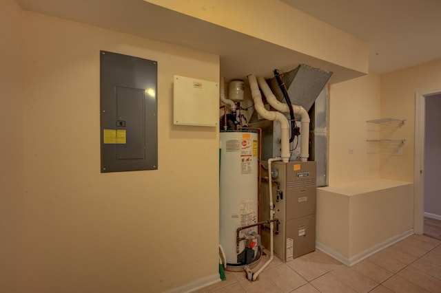 utility room featuring heating unit, electric panel, and gas water heater