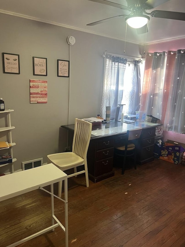 office area featuring dark hardwood / wood-style floors, ceiling fan, and ornamental molding