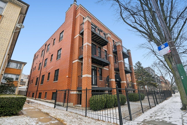 view of snow covered building