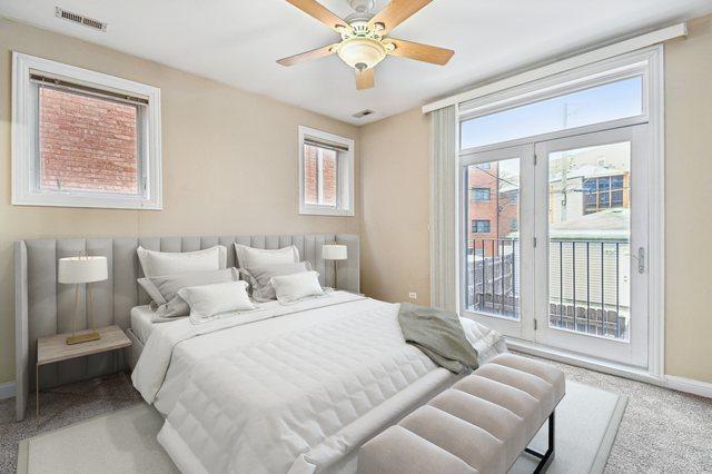 carpeted bedroom featuring ceiling fan and access to outside