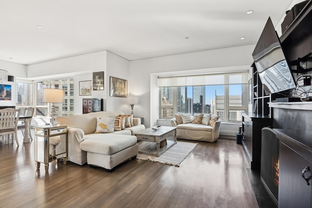 living room featuring dark wood-type flooring and a wealth of natural light