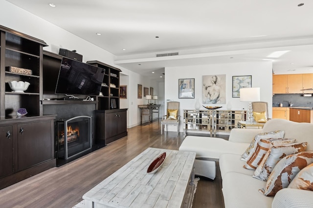 living room featuring dark wood-type flooring