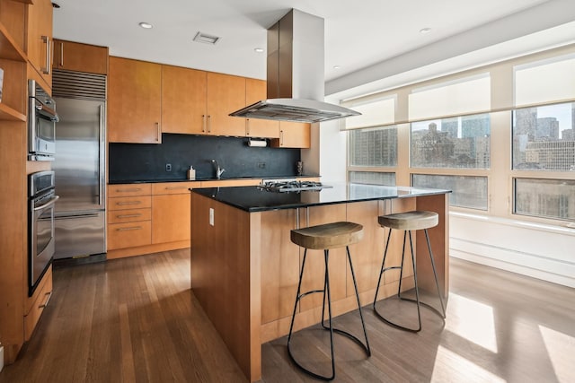 kitchen with stainless steel appliances, a kitchen island, plenty of natural light, and island range hood