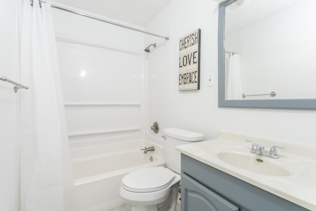 full bathroom with toilet, vanity, and shower / bathtub combination with curtain