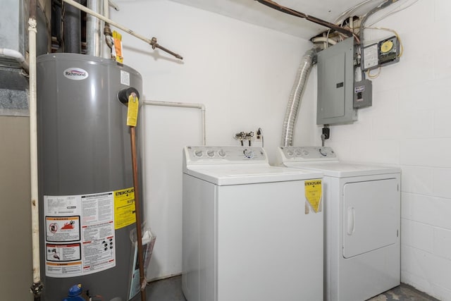 laundry room with water heater, separate washer and dryer, and electric panel