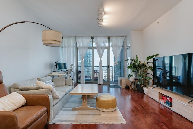 living room with dark hardwood / wood-style flooring and floor to ceiling windows