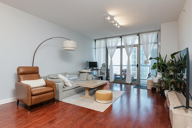 living room with dark hardwood / wood-style flooring and expansive windows