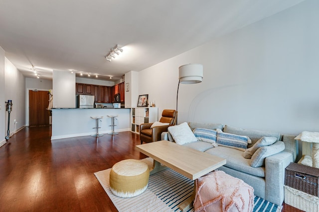 living room featuring rail lighting and dark hardwood / wood-style flooring