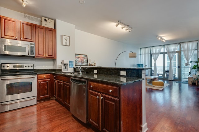 kitchen with dark wood-type flooring, a wall of windows, appliances with stainless steel finishes, kitchen peninsula, and dark stone counters