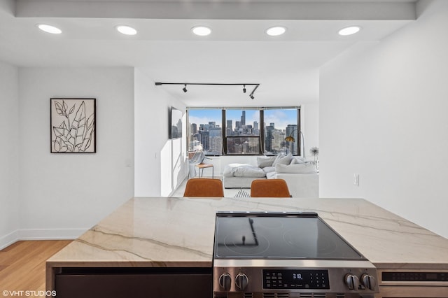 kitchen featuring light stone counters, rail lighting, wood-type flooring, and stainless steel range with electric stovetop