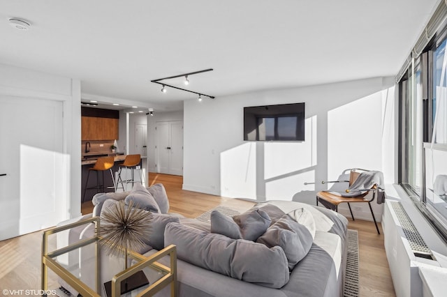 living room featuring light hardwood / wood-style floors and track lighting