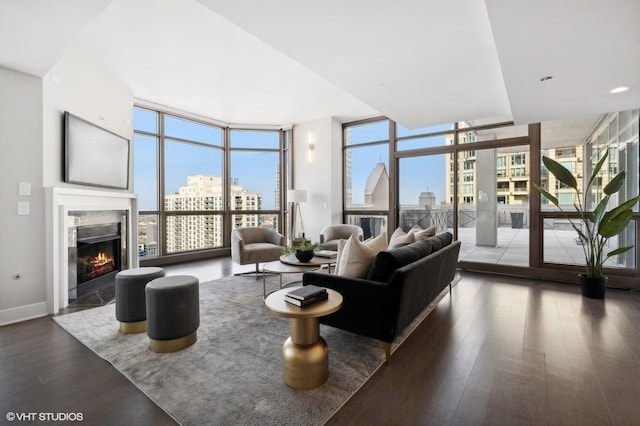 living room featuring expansive windows, wood-type flooring, and a premium fireplace