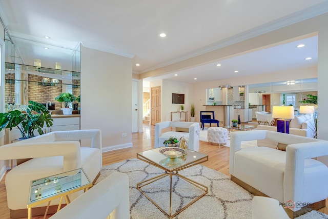 living room featuring crown molding and light hardwood / wood-style floors