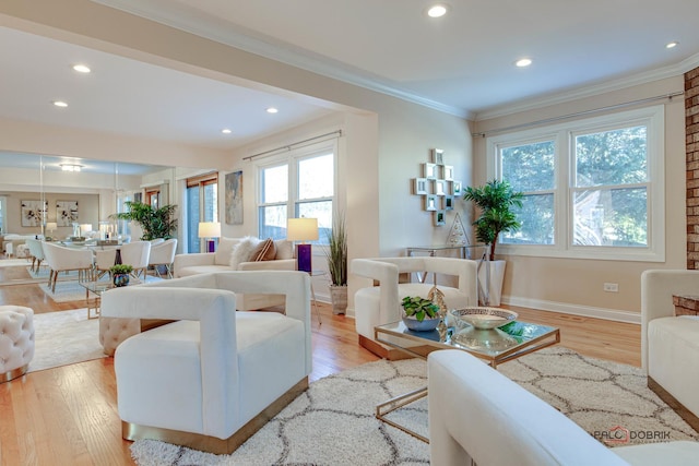 living room with ornamental molding and light hardwood / wood-style floors