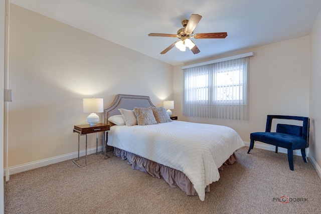 bedroom with light colored carpet and ceiling fan