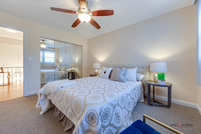 bedroom featuring carpet floors, ceiling fan, and a closet