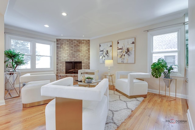 living room with crown molding, a healthy amount of sunlight, a fireplace, and light hardwood / wood-style floors