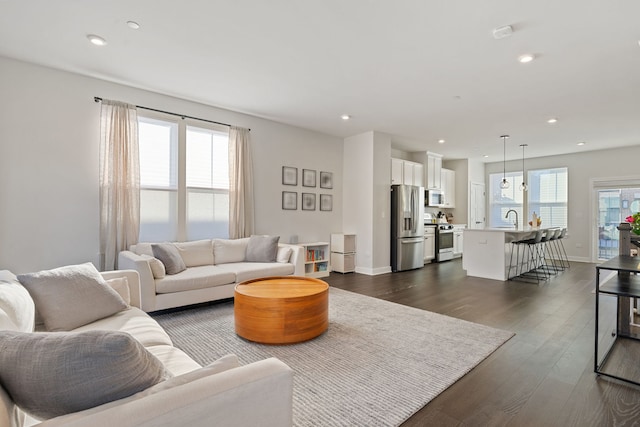 living room with plenty of natural light, sink, and dark hardwood / wood-style flooring