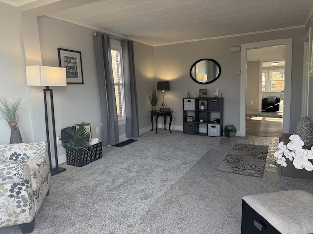 carpeted living room with crown molding and plenty of natural light