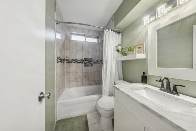 full bathroom featuring toilet, tile patterned flooring, shower / bath combo, and vanity