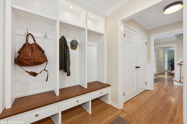 mudroom with ornamental molding and wood-type flooring