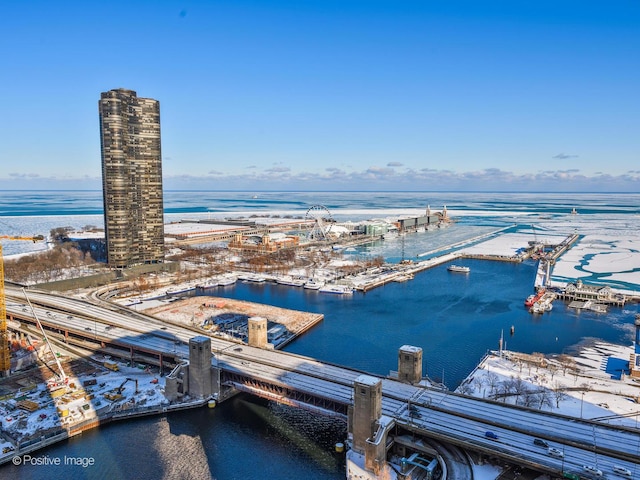 drone / aerial view featuring a water view